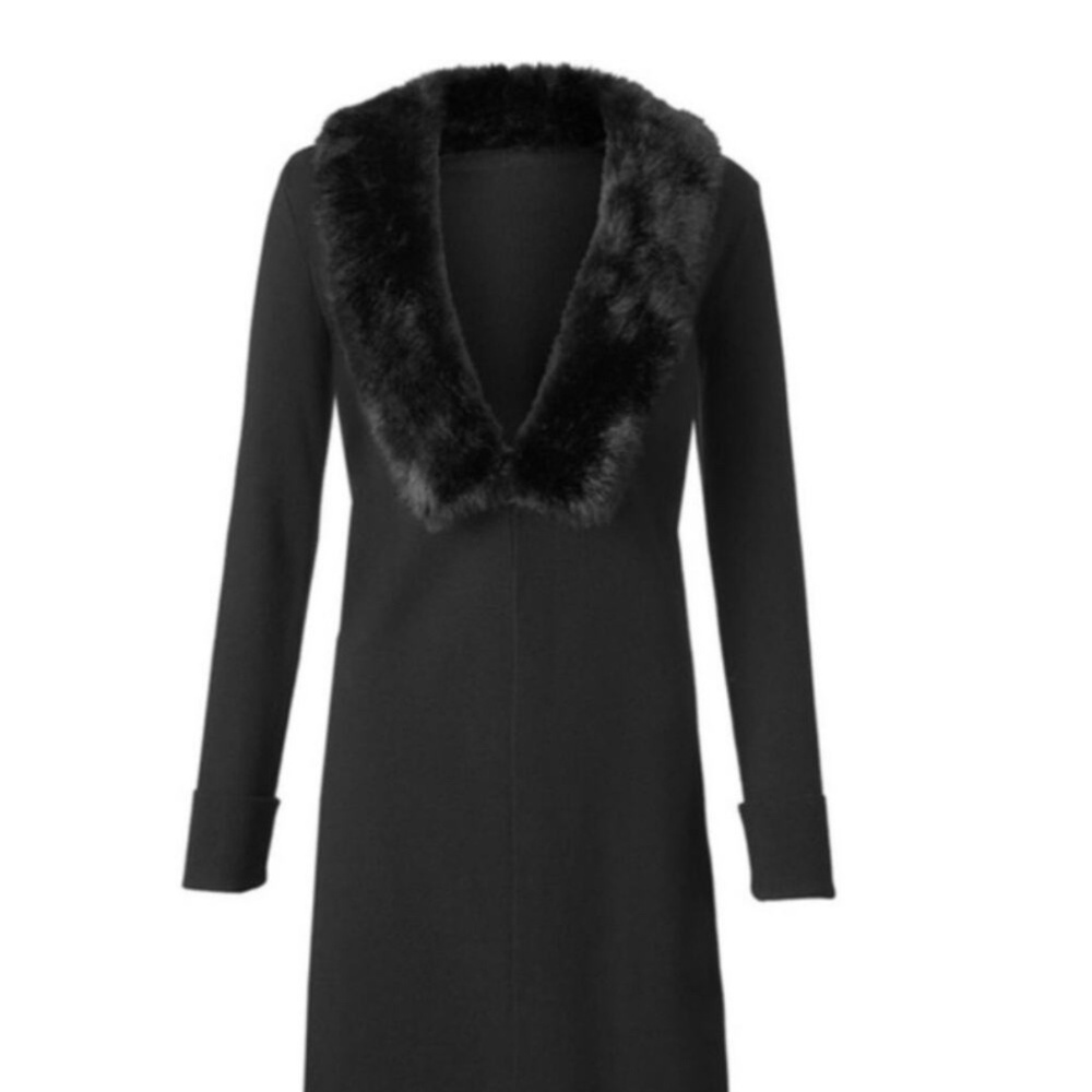 Cabi Dynasty Sweater #3679 Black Faux Fur Collar  Cardigan Women's Small NWOT